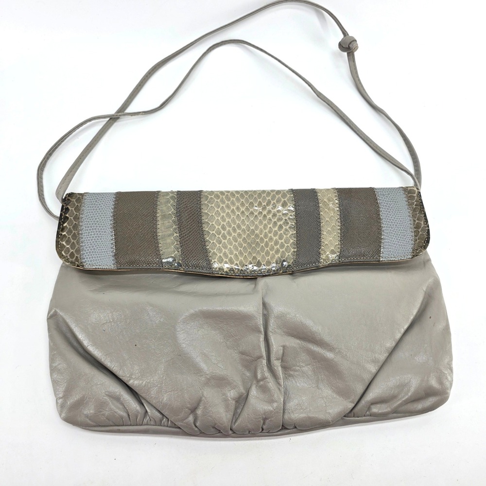 Vintage Leather Shoulder Bag Snakeskin Print Clutch Grey Tan Patchwork Boho 80s